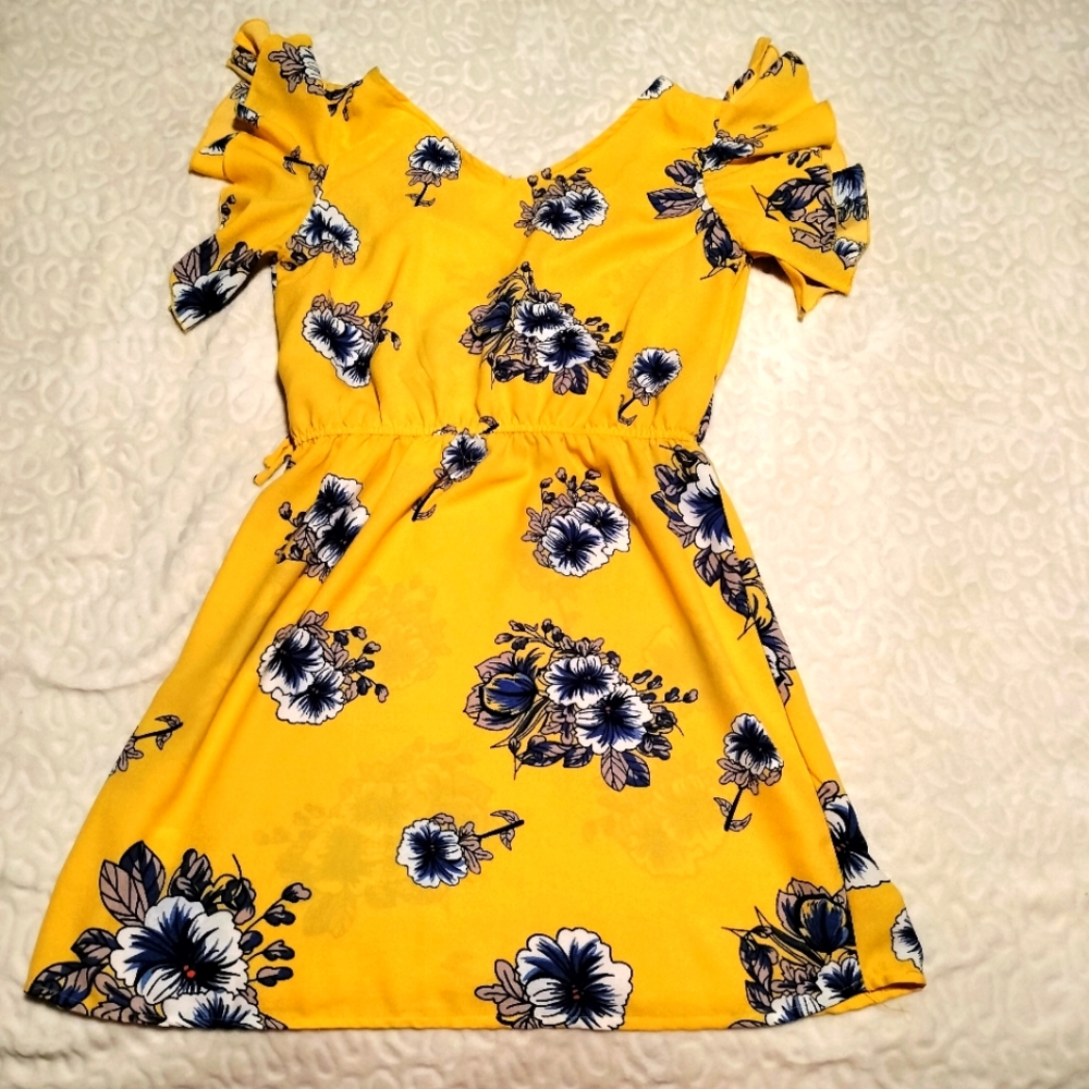 Yellow summer dress with blue flowers